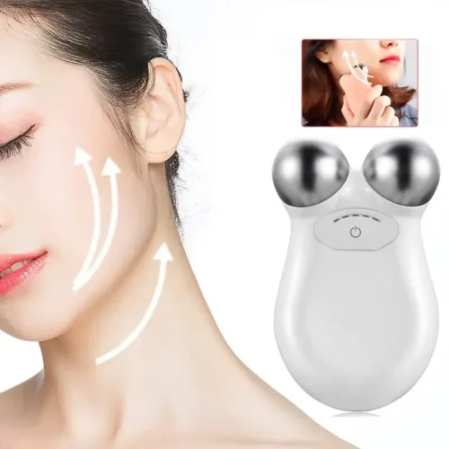 Woman using the SkinLift Pro EMS microcurrent facial massager for face lifting.