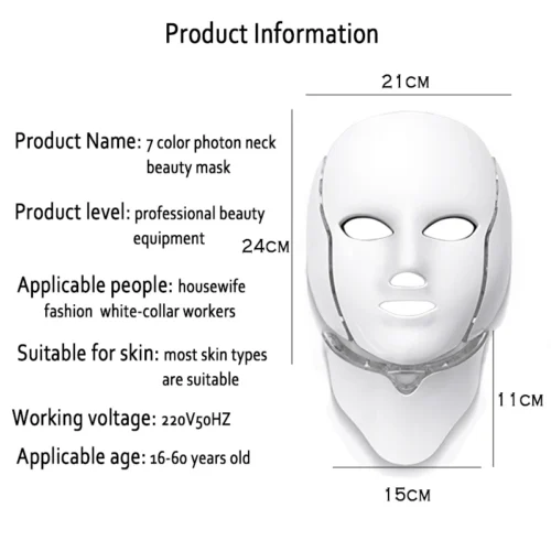 alt="LED Face Mask LumiGlow product specifications including voltage, material, and package contents