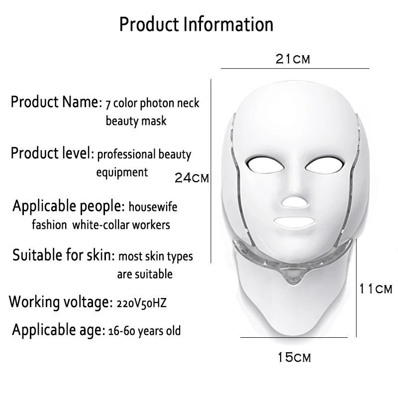 alt="LED Face Mask LumiGlow product specifications including voltage, material, and package contents