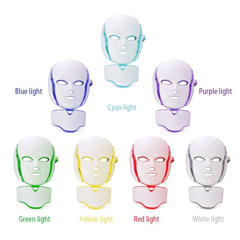 alt="LED Face Mask LumiGlow 7 Colors Light Therapy showing red, blue, green, yellow, purple, cyan, and white lights
